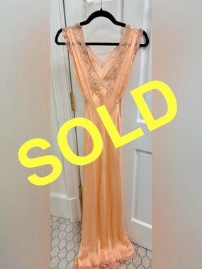 SOLD 1930’s Vintage Feminine Rare Peach Bias Cut Embroidered Silk Long Dress